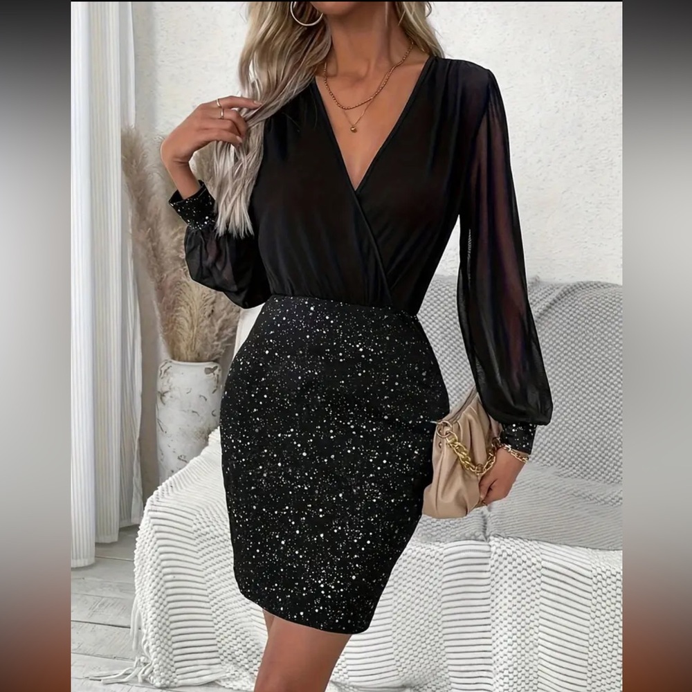 Black Mini Dress Deep V w Silver Paint Splatter Design Mesh Sleeves Sz M